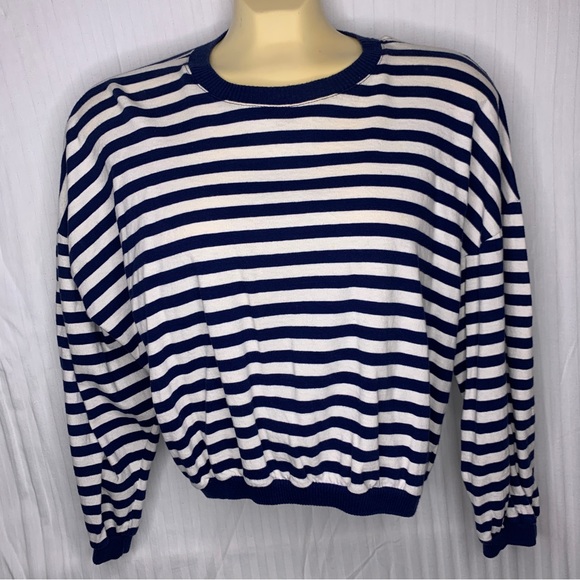 Guess Jeans VTG Cropped Top Tee T Shirt Long Sleeve Mariner Striped Blue Sz L - Picture 1 of 8